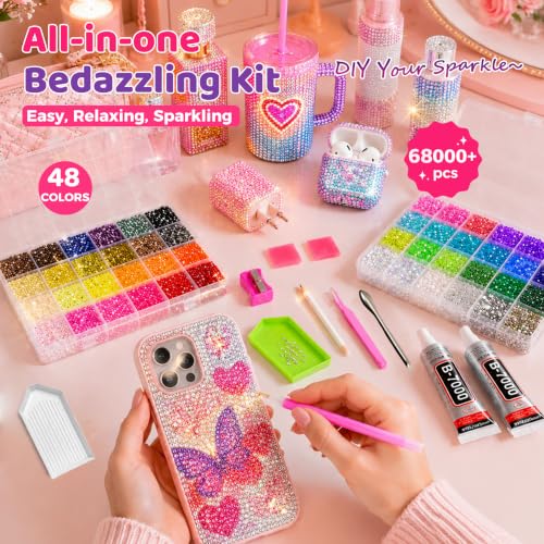 68000Pcs Rhinestones 48 Colors Bedazzling Kit with Glue & Tools
