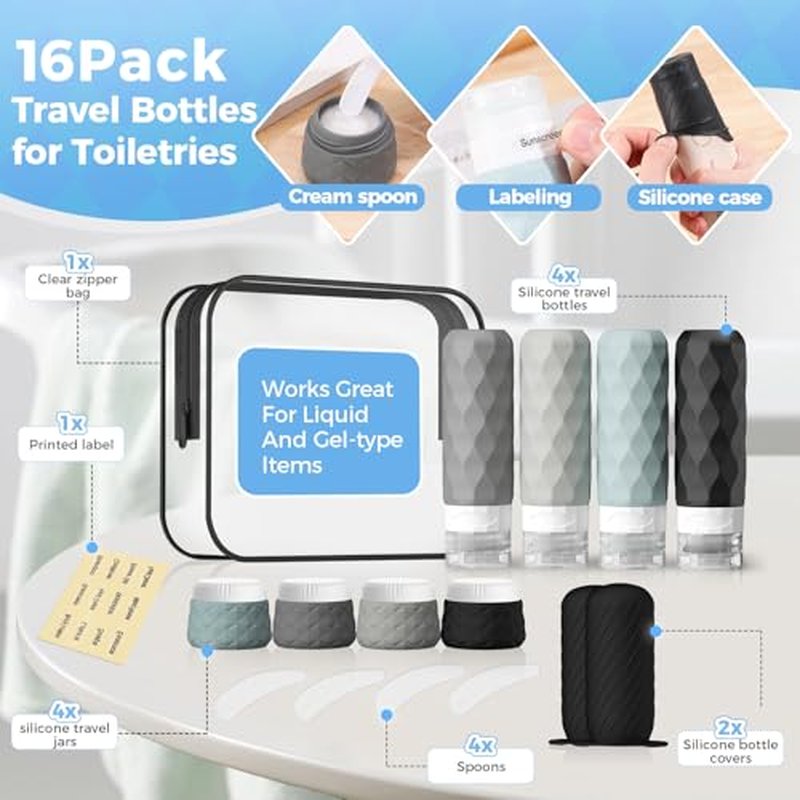 16-Pack TSA Approved Travel Bottles & Jars Set with Silicone Containers