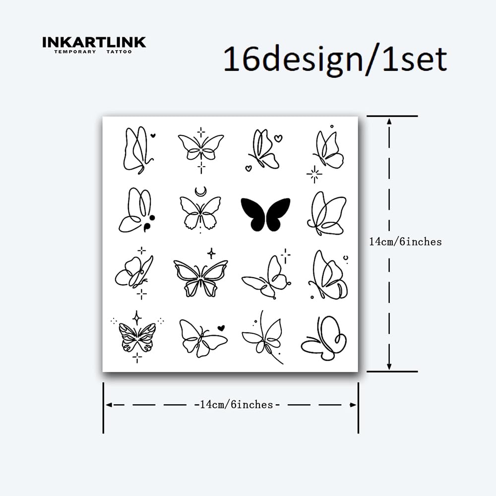 INKARTLINK Tattoo Tech, 16 Design/ 1 Sheet Small Semi Permanent Tattoo, Temporary Tattoos, Last 1-2 Weeks, Waterproof, Realistic Look, No Adhesive, No Reflection (2×3inch Butterfly)