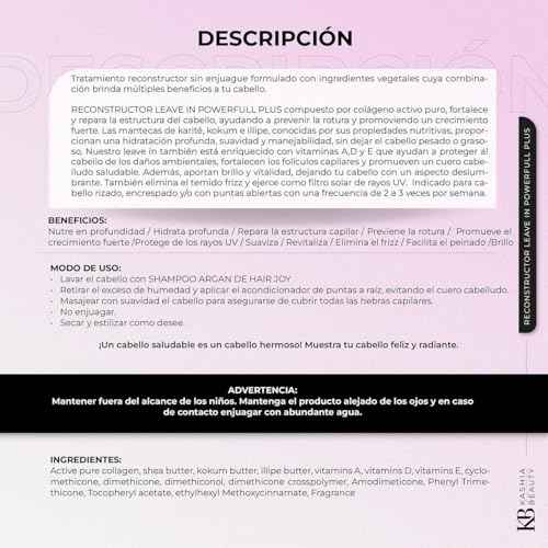 Kashia Beauty Reconstructor Leave-In Powerfull Plus 10.1 oz ? Plant-Based Collagen Hair Treatment ? Anti-Frizz UV Protection ? Deep Hydration with Shea Kokum & Illipe Butters