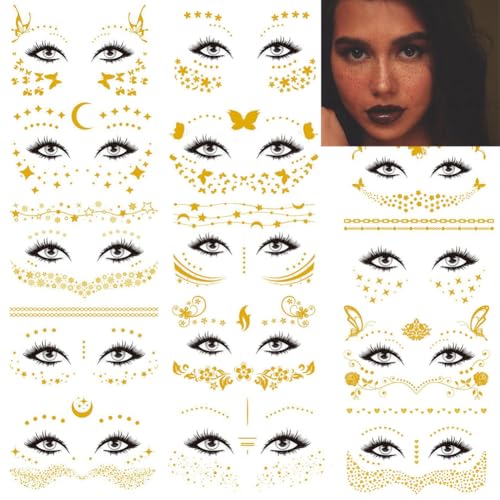 14 Sheets Gold Metallic Face Temporary Tattoos