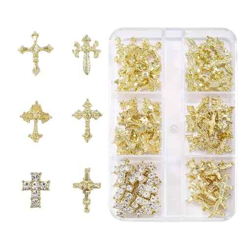 3D Cross Nail Charms for Nail Art, 60 Pcs Metal Crystal Cross Nail Decorations, Alloy Nail Studs and Rhinestones for Women Girl DIY Jewelry Crafts Supplies (Gold)