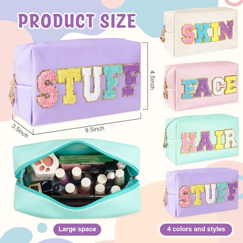 ZAUGONTW 4Pcs Large Cosmetic Bag Preppy Makeup Bag Chenille Letter, PU Leather Waterproof Travel Organizer Hair Bags with Nylon Zipper Patches Makeup Organizer Bags Set for Women Girls