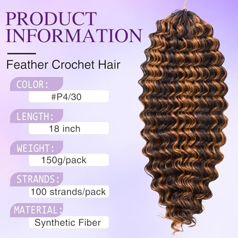 18 Inch Deep Wave Feather Crochet Hair - 100 Strands for Black Women