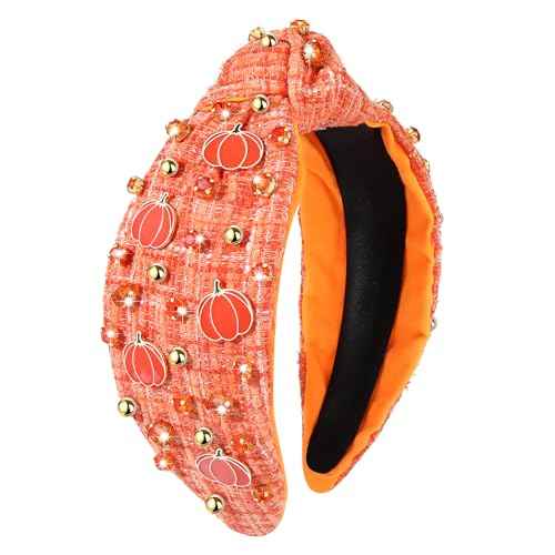 Thanksgiving Headband Fall Headband for Women Enamel Pumpkin Crystal Knotted Head Band Jeweled Tweed Top Knot Head Band Autumn Ooutfit Accessories (Pumpkin)