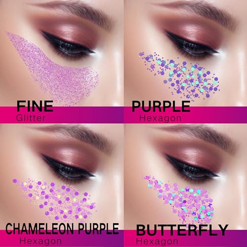 Purple Face Glitter Gel,4 Styles Butterfly Style Body Glitter Mermaid Costume for Kids,Mardi Gras Outfit for Women,Sparkling Hair Glitter Makeup Rave Festival Accessories,40g/1.41 oz