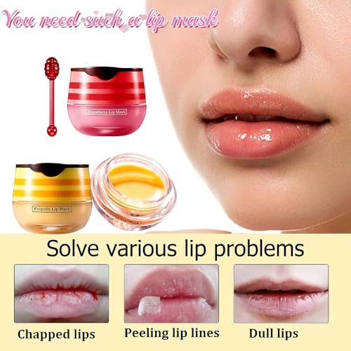 Bee Lip Balm Honey Pot, 4 Pcs Strawberry & Honey Lip Masks Hydrating Prevention Dry and Cracked Lip Scrubs Exfoliator (2 x Strawberry & 2 x Honey)