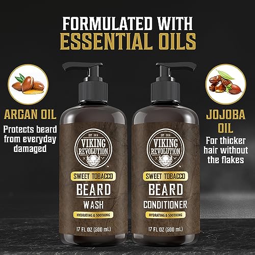 Viking Revolution Beard Wash and Beard Conditioner for Men with Argan Oil and Jojoba Oil - Beard Softener and Strengthener Beard Care Beard Shampoo and Conditioner with Beard Oil (17oz, Sweet Tobacco)