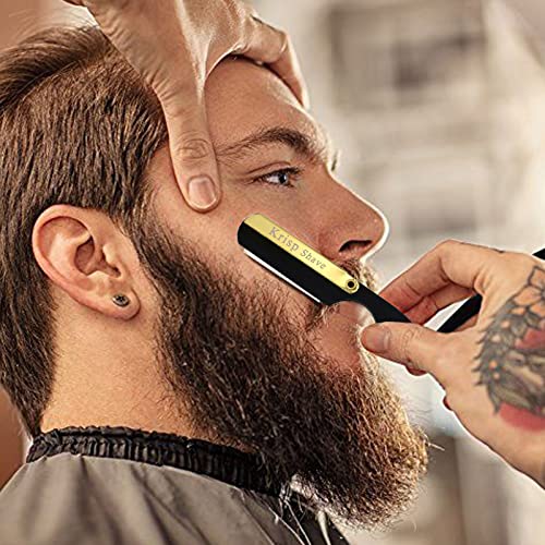 Professional Straight Razors For Men, Barber Razors, Straight Edge Razor Kit For Close Shaving - Beard Cut Throat Straight Razor Safety Shavette - 10 Shaving Blades By Krisp Beauty (Black/Gold)