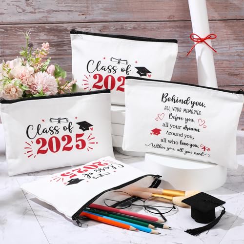Meanplan 20 Pcs Graduation Gift Bulk Class of 2025, Canvas Makeup Bag Graduation Party Favors Inspirational Cosmetic Pouch Thank You for Guest Her Women Teacher Student Christmas(Red)