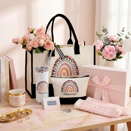 Geiserailie 8 Pcs Phlebotomist Gifts for Women Including Large Tote Bag Cosmetic Bags Tumbler Cup Plush Socks Metal Keychain Card and Envelope for Phlebotomy Thank You Gifts