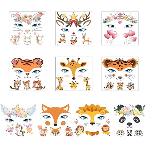 Animal Face Temporary Tattoos for Kids - 10 Pack Waterproof