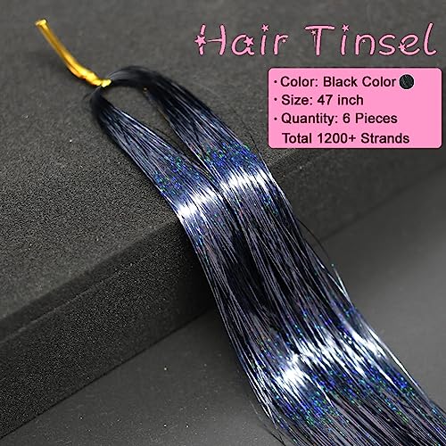Black Hair Tinsel Kit with 1200 Strands & Tools - 48 Inch