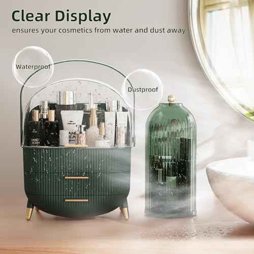 Makeup Organizers Countertop, Makeup organization for Vanity, Cosmetic Storage with Lid and Drawers, Skincare Display Cases with for Desktop, Bathroom (Green)