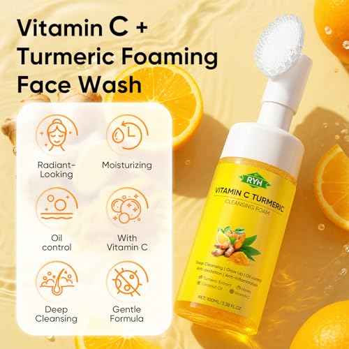 RYH 2pcs Turmeric Face Wash with Vitamin C, Deep Cleansing Face Wash Set, Glow Turmeric Facial Cleanser Foam, Vitamin C for Face, Gentle Facial Cleanser for Smoothing Skin 3.38 Fl.Oz/pc