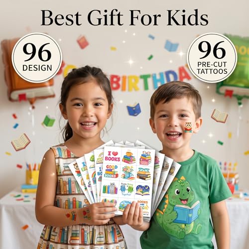 96 PCS Reading Temporary Tattoos for Kids - Book Themed Party Favors