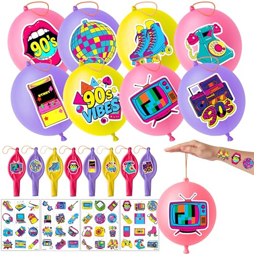 90s Party Favors Pack - 24 Punch Balloons & 48 Tattoos