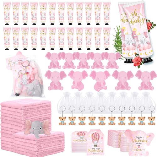 168 Pcs Pink Elephant Baby Shower Favors Baby Shower Gifts Bulk Hand Cream Towels Soaps Keychains Organza Bags Guest Appreciation Gift with Thank You Tags and Cards for Boys Girls Guest