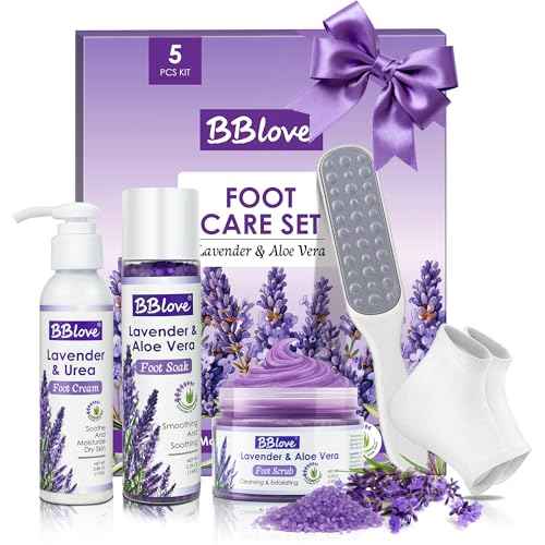 Lavender Foot Soak Set - Moisturizing Gel Socks, Foot File,Salt, Scrub, Foot Cream-5-in-1 Spa Care Kit & Cracked Heel Treatment, Exfoliating Dead Skin Repair Care Gift Set for Him and Her