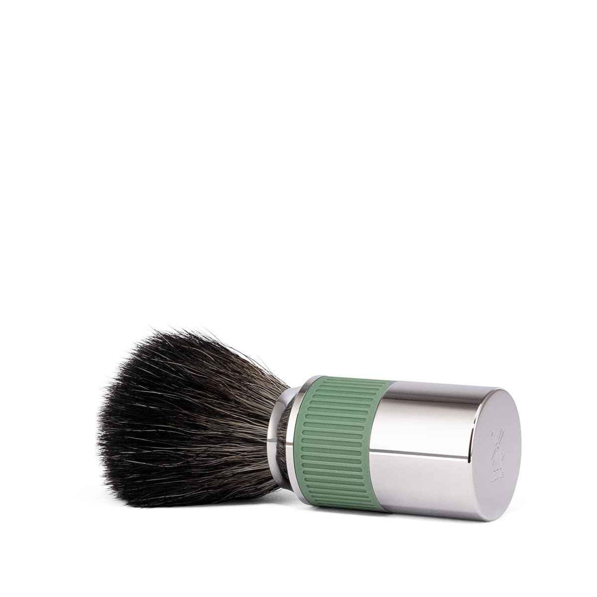MÜHLE NEO shaving brush | Vegan Shave Brush for Shaving soaps and creams | sustainable eco-friendly and reusable | exfoliating shaving brush | chrome with sage green silicone grip handle