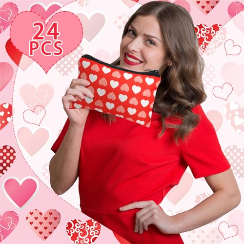 Abbylike 24 Pcs Valentines Day Gifts Bulk Valentines Makeup Bags for Women Cosmetic Bags Toiletry Zipper Pouch Valentine's Day Party Favors for Her(Stylish Style)