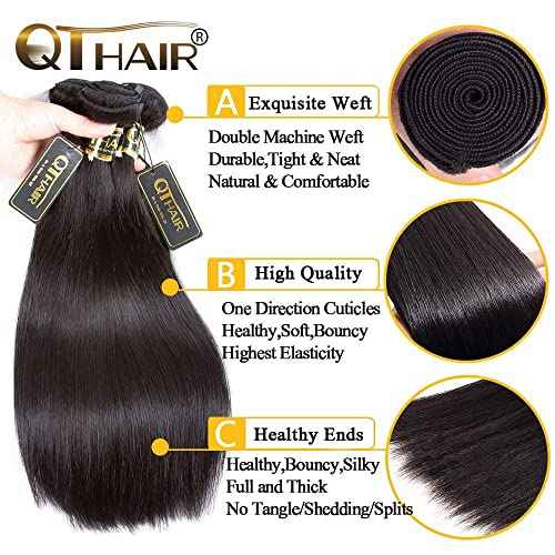 QTHAIR 16A Grade Brazilian Straight Human Hair Bundles with 4X4 HD Lace Closure(18" 20" 20"+16"Free Part Lace Closure,Natural Black) 100% Unprocessed Brazilian Virgin Hair Extensions for Women