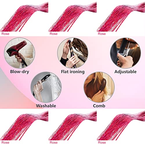 Rose Red Hair Tinsel Kit with Tools - 1200 Strands, 48 Inches
