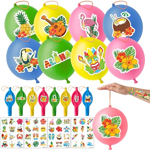 72 PCS Tropical Luau Party Favors ? 48 Pre-Cut Temporary Tattoos & 24 Punch Balloons Themed Birthday Party Decorations Supplies Favors Gifts, Goodie Bag Fillers, Classroom Rewards