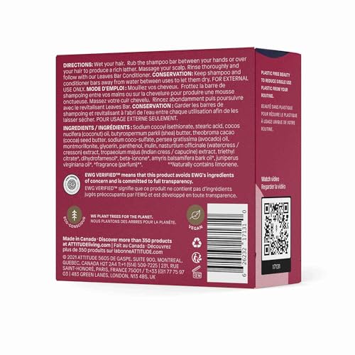 ATTITUDE Nourishing Shampoo Bar, Natural Origin, For Healthy-Looking and Soft Hair, Avocado Oil, EWG Verified & Clean Ingredients, Vegan, Sandalwood, 4 Oz