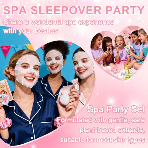 144 Pcs Spa Party Decorations for Girls, Spa Birthday Party Supplies Include Face Masks Skincare, Hand Cream, Lip Balm, Under Eye Patches, Lip Mask, Foot Bath Bombs, Press-on Nails and Hair Tinsel