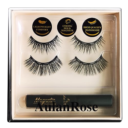 Magnetic Eyelashes with Eyeliner Kit, Synthetic Fiber, Natural Look, Waterproof, No Glue Required (Black+2)