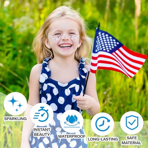 Mysense Red White and Blue Glitter Freckles Face Tattoo,4th of July Temporary Tattoos,4th of July Outfit Accessories for Women Kids,Patriotic USA Flag Star Freckle Stickers for Independence Day,6Pcs