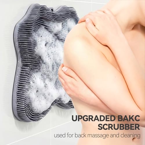 ozner Silicone Shower Foot Scrubber Mat,Back Washer Bath Wash Pad Exfoliating & Massage, Wall Mounted Slip Strong Suction Cups for Use in Cleaner Men and Women (Grey)