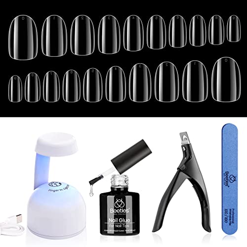 Beetles Gel Nail Kit Easy Nail Extension Set 2 In 1 Nail Glue Gel Base Coat with Pre Shaped Short Oval Almond Soft Gel Nail Tips and Led Nail Lamp Acrylic Nail Clipper Gelly Nail Tips for Diy Manicure