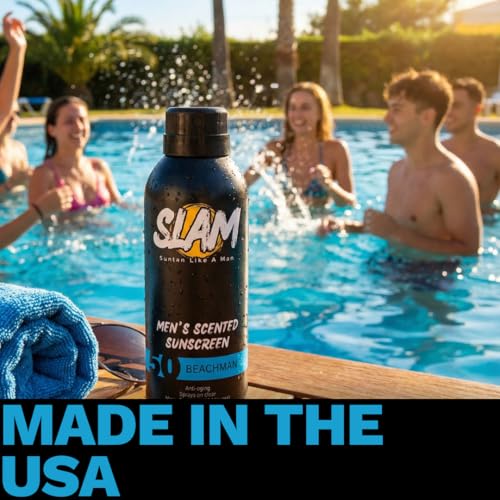 SLAM BeachMan Men's Scented Sunscreen Spray ? Broad Spectrum SPF 50, Water & Sweat Resistant, Mens Sunblock, UVA/UVB Protection ? Cedarwood Scented Sunblock for Body (SPF 50)