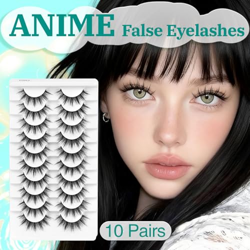 False Eyelashes Manga Lashes 10 Pairs Wispy Lashes Strips C Curl Fake Eyelashes 10-15mm Anime Lashes Fluffy Faux Mink Lashes Natural Look (FM03)