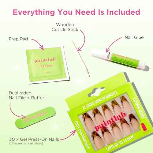 PaintLab Press-On Nails Manicure Kit, Tortoise Chic, 30-Piece Set, Long-Lasting Fake Nails with Glue, File, Prep Pad & Cuticle Stick