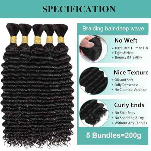 Human Braiding Hair for Boho Braids 200g 18 Inch Deep Wave Boho Hair for Braiding Knotless 12A Curly Hair Extensions Bulk Bohemian 5 Bundles/Pack Natural Color