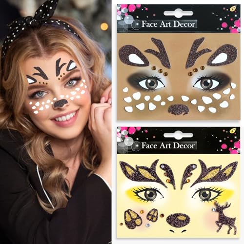 Deer Face Christmas Stickers - Glitter Rhinestone Temporary Tattoos