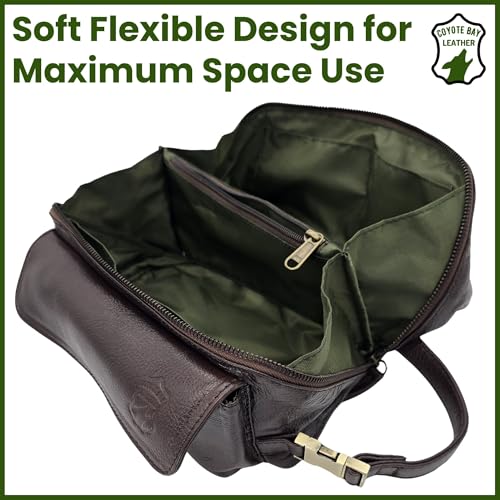 Coyote Bay¢ç Flypouch Premium Full Grain Soft Leather Toiletry Bag, Large 9 Inch, Makeup Bag, Travel Organizer Pouch, Shaving Kit, Cosmetics Toiletry Bathroom Organizer (Brown, Large)