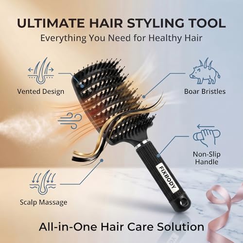FIXBODY Mate Black Boar Bristle Curved Vent Hair Brush for All Hair Types