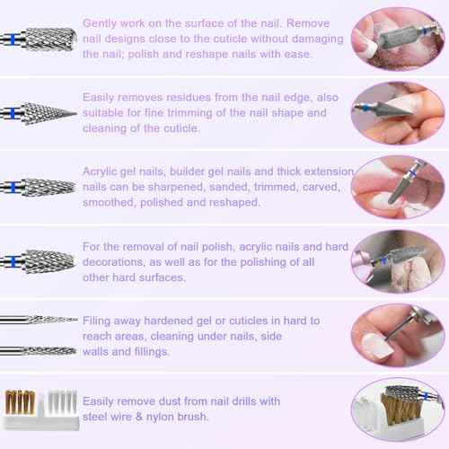 Diesisa 6 Pack Nail Drill Bits for Acrylic Nails, 3/32" Shank Drill Bits for Nails Professional Electric Cuticle Drill Bit, Cuticle Cleaner Nail Gel Polish Remover Tool for Home Salon Nail Bits-Blue