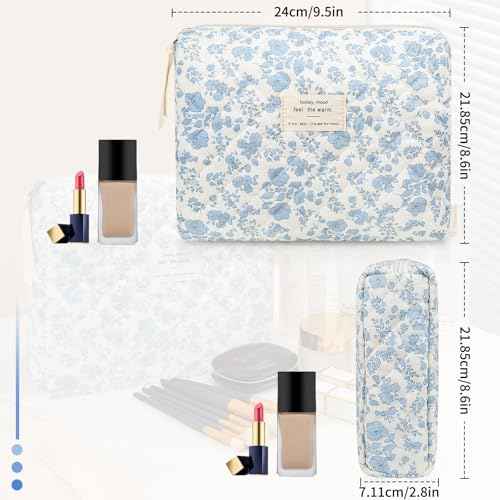 Floral Makeup Bag, Large Cosmetic Bag for Women Girls, Cute Cotton Make up Pouch, Quilted Makeup Bags, Flower Travel Toiletry Organizer Bag(Blue Floral)