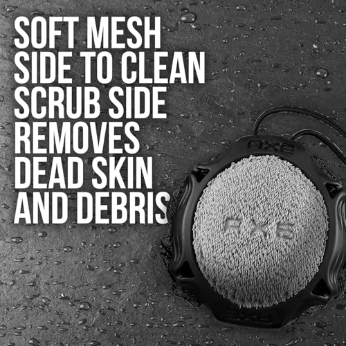 AXE Mens Shower Scrubber Tool, 2-Sided Detailer, Gray Color, Mesh Side for Lathering, Exfoliator for Smoothing Dry, Rough Skin