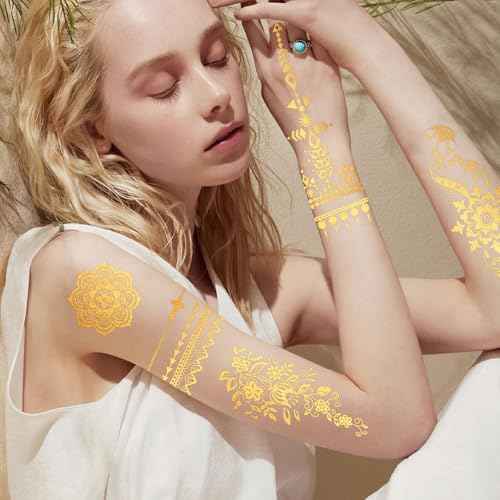 Konsait 9 Sheets Metallic Tattoos, Elaborate Floral Elephant Patterns Metallic Temporary Tattoos for Women Girls, Gold Tattoos for Parties Makeup Cosplay Festival Accessories