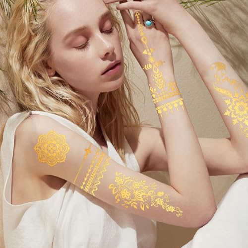 Konsait 9 Sheet Metallic Temporary Tattoos Gold Floral