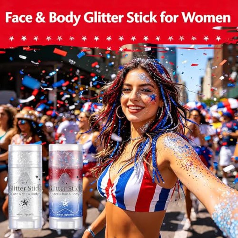AROIC 6Pc Patriotic Glitter Sticks - Red White Blue Face & Body
