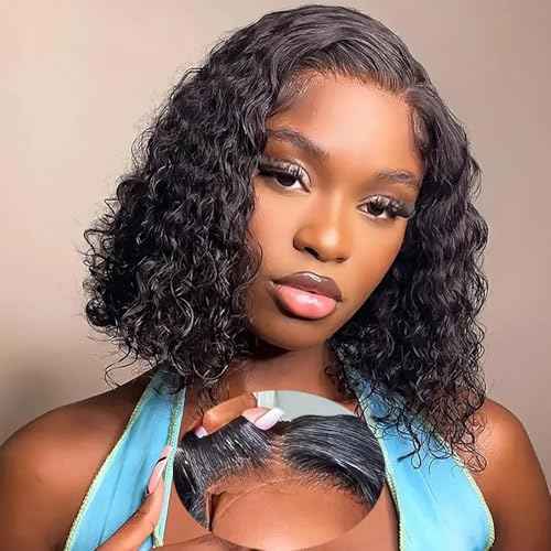 Curly Bob Wig Human Hair Water Wave 4x4 Lace Closure Glueless Wear and Go Bob Curly Wigs Pre Plucked Pre Cut Short Bob Wig Curly Human Hair Natural Hairline for Beginner Friendly 12 Inch