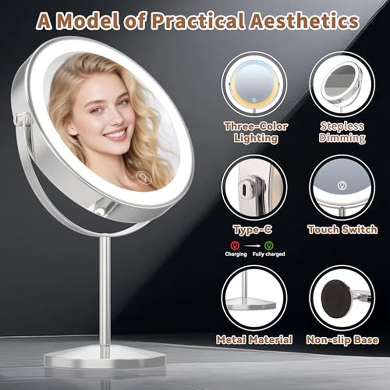 9" Magnifying Mirror with Light 1X/10X, Makeup Mirror with Light includes small mirror, 2000mAh Rechargeable, 360¡Æ Rotation, 3 Color Modes, Double-Sided, Ideal for Eyebrows, Lenses & Skincare