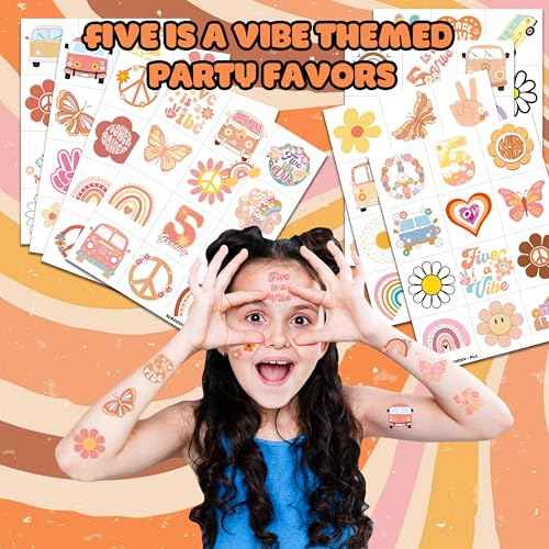 96 PCS Five Is A Vibe Pre-Cut Temporary Tattoos Themed 5th Birthday Party Decorations Favors Supplies D?cor Groovy Retro Boho Rainbow Hippie Die Cut Tattoo Stickers Gifts For Game Boys Girls School